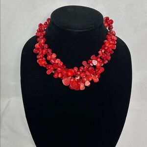 Bold Red Beaded Cluster Statement Necklace
